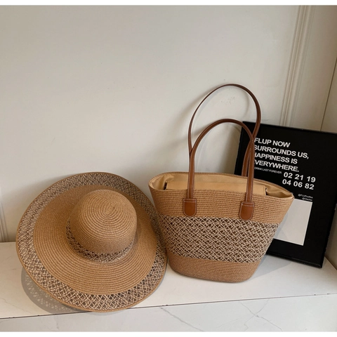 Borsa Tote In Paglia Intrecciata A Strisce E Cappello Da Sole Borsa Da Viaggio Estiva Con Manici In Pelle Per Donna