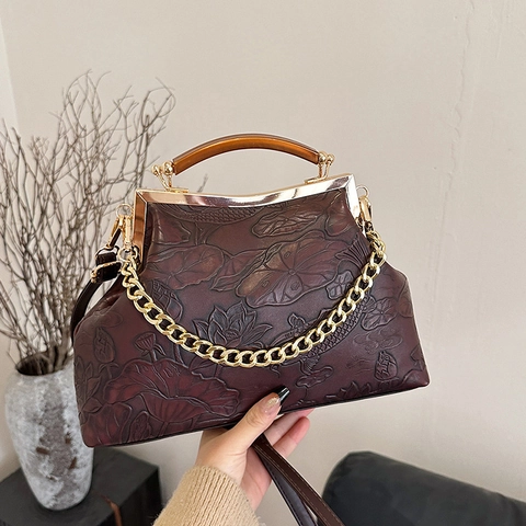 Vintage Embossed Handbag PU Leather Lotus Koi Pattern Kiss Lock Metal Frame Shoulder Bag With Chain For Women