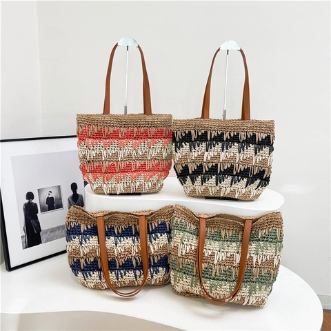 Woven Straw Tote Bag Striped Contrast Color Large Capacity Summer Beach Vacation Shoulder Bag With PU Leather Handles