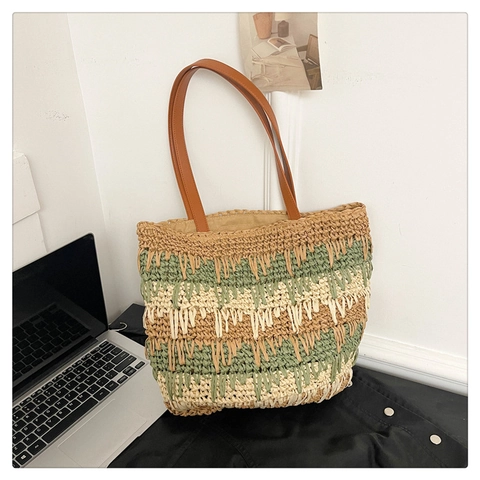 Woven Straw Tote Bag Striped Contrast Color Large Capacity Summer Beach Vacation Shoulder Bag With PU Leather Handles