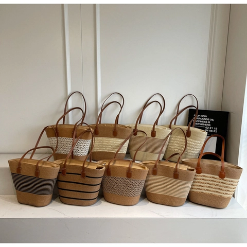 Borsa Tote In Paglia Intrecciata A Strisce E Cappello Da Sole Borsa Da Viaggio Estiva Con Manici In Pelle Per Donna