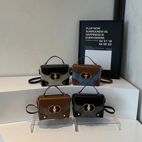 Women Vintage Color Block Small Square Crossbody Bag PU Leather Denim Patchwork Handbag With Gold Metal Lock Rivets Adjustable Strap