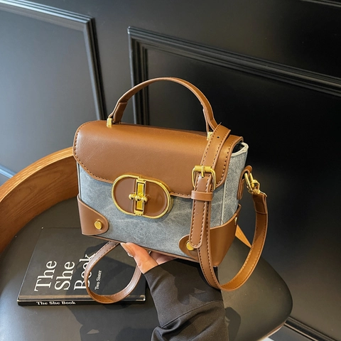 Borsa A Mano Quadrata Retrò Da Donna In Pelle PU E Denim Patchwork Borsa A Tracolla Con Serratura In Metallo Dorato Manico E Cinghia