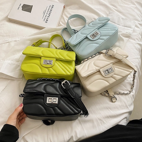 Women Quilted Shoulder Bag PU Leather Wave Pattern Chain Strap Metal Turn Lock Fashion Elegant Crossbody Square Purse