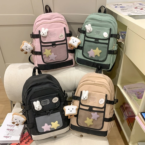 Zaino In Nylon Grande Capacità Multi Tasca Scuola Lavoro Carino Kawaii Moda Per Donne Ragazze Con Ciondoli Peluche