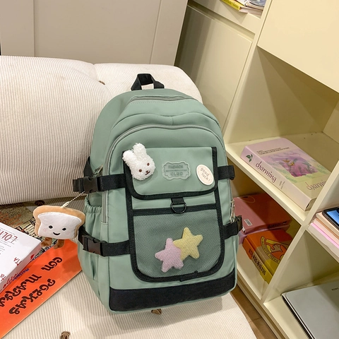 Zaino In Nylon Grande Capacità Multi Tasca Scuola Lavoro Carino Kawaii Moda Per Donne Ragazze Con Ciondoli Peluche