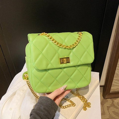 Quilted Chain Crossbody Bag PU Leather Flap Turn Lock Shoulder Bag Elegant Fashion Vintage For Women