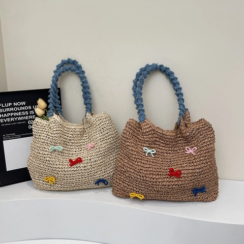 Women Straw Woven Tote Bag With Colorful Knitted Bows Blue Plush Handle Large Capacity Beach Vacation Casual Handbag