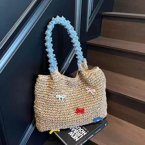 Women Straw Woven Tote Bag With Colorful Knitted Bows Blue Plush Handle Large Capacity Beach Vacation Casual Handbag
