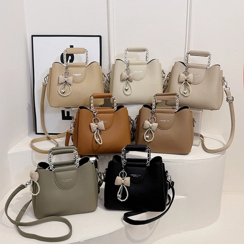 Bolso De Mano Elegante Para Mujer Cuero PU Textura Lychee Bolso De Hombro Con Lazo Perla Artificial Minimalista Urbano