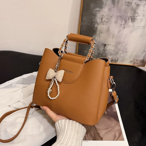Bolso De Mano Elegante Para Mujer Cuero PU Textura Lychee Bolso De Hombro Con Lazo Perla Artificial Minimalista Urbano