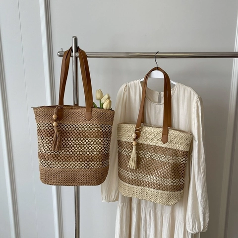 Borsa Tote In Paglia Intrecciata Grande Capacità Borsa A Spalla Con Manici In Pelle PU Nappina Bohemien Estate Spiaggia Vacanze Donne