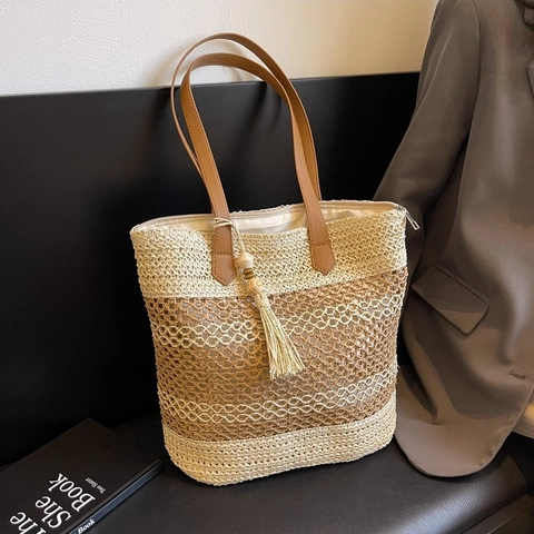 Borsa Tote In Paglia Intrecciata Grande Capacità Borsa A Spalla Con Manici In Pelle PU Nappina Bohemien Estate Spiaggia Vacanze Donne