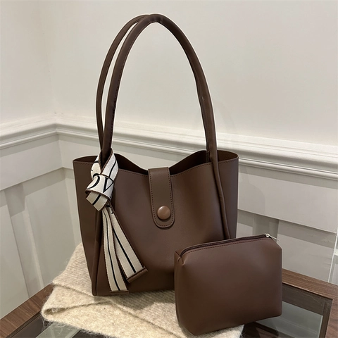 Women Vintage PU Leather Tote Bag Large Capacity Shoulder Bag With Scarf Decoration Casual Urban Handbag And Small Pouch