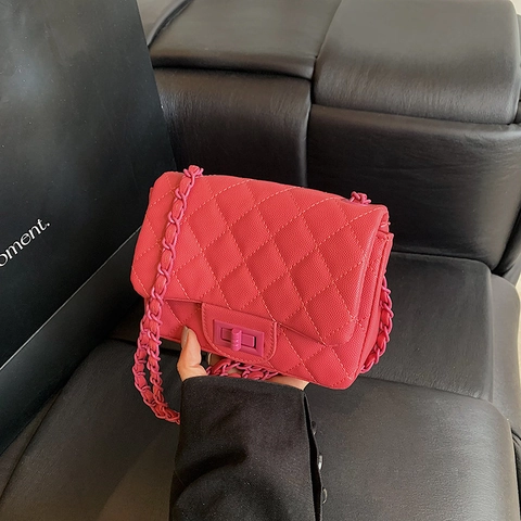 Quilted Shoulder Bag PU Leather Rhombus Stitching Chain Crossbody Small Square Flap Bag For Women Elegant Casual