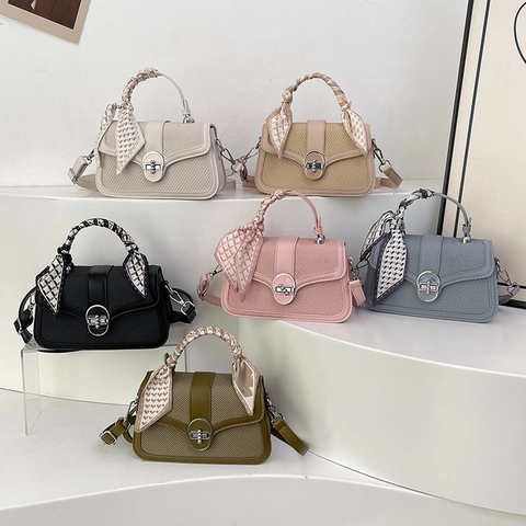 Women Square Crossbody Bag PU Leather Woven Fabric Scarf Wrapped Handle Vintage Twist Lock Elegant Daily Commute
