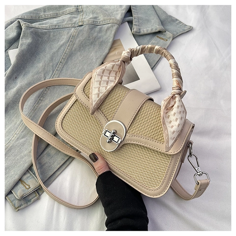 Women Square Crossbody Bag PU Leather Woven Fabric Scarf Wrapped Handle Vintage Twist Lock Elegant Daily Commute