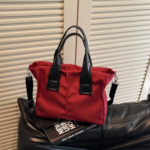 Bolso Tote Mujer Gran Capacidad Nylon Lona Asas Cuero PU Color Contraste Bandolera Simple Moda Retro