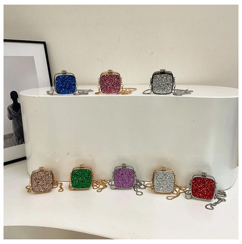Mini Square Evening Bag Acrylic Sequin Shimmering Metal Frame Clutch For Party Crossbody Purse With Snake Chain Strap