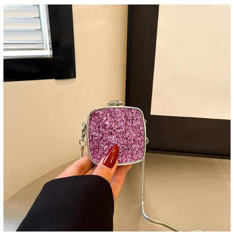 Mini Square Evening Bag Acrylic Sequin Shimmering Metal Frame Clutch For Party Crossbody Purse With Snake Chain Strap