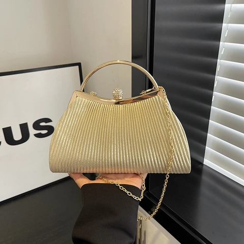 Elegante Bolso De Noche Plisado Para Mujer Con Asa De Metal Cierre De Strass Y Cadena Desmontable Cartera Fiesta Boda