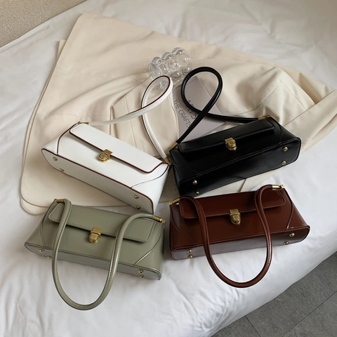 Sac Baguette En Cuir PU Vintage Avec Fermoir Doré Rétro Sac À Main Épaule Mode Minimaliste Pour Femmes Élégant