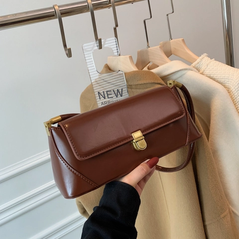 Sac Baguette En Cuir PU Vintage Avec Fermoir Doré Rétro Sac À Main Épaule Mode Minimaliste Pour Femmes Élégant