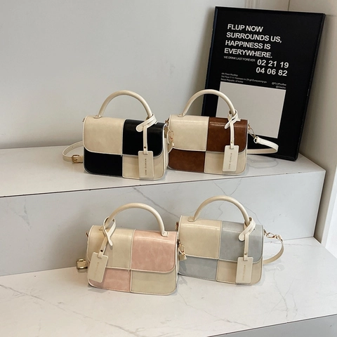 Patchwork PU Leren Crossbodytas Franse Retro Color Block Handtas Met Handvat Voor Dames Kleine Vierkante Schoudertas