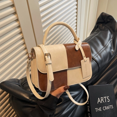 Patchwork PU Leren Crossbodytas Franse Retro Color Block Handtas Met Handvat Voor Dames Kleine Vierkante Schoudertas