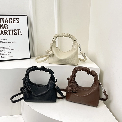 Dames PU Leren Hobo Handtas Lychee Patroon Gerimpeld Handvat Gevlochten Bal Hanger Schoudertas Voor Dagelijks Gebruik