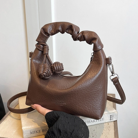 Dames PU Leren Hobo Handtas Lychee Patroon Gerimpeld Handvat Gevlochten Bal Hanger Schoudertas Voor Dagelijks Gebruik