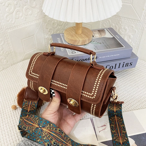 Retro PU Leather Boston Bag For Women With Gold Rivets Dual Turn-Lock And Wide Ethnic Pattern Strap Fur Ball Charm
