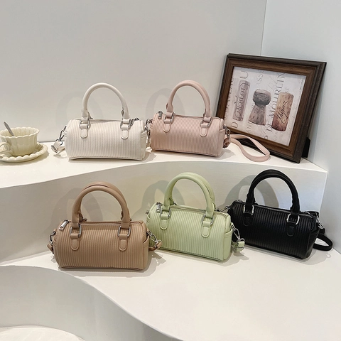 PU Leather Boston Bag Vertical Pleated Handbag With Detachable Shoulder Strap Silver Hardware For Women Minimalist Style