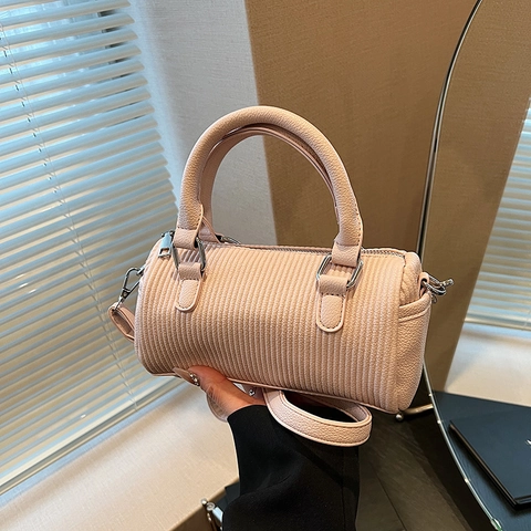 PU Leather Boston Bag Vertical Pleated Handbag With Detachable Shoulder Strap Silver Hardware For Women Minimalist Style