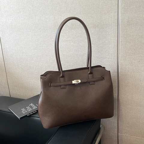 Große Tragetasche Für Damen PU Leder Minimalistische Unterarmhandtasche Mit Goldener Metalldrehverschluss Vintage Pendeltasche