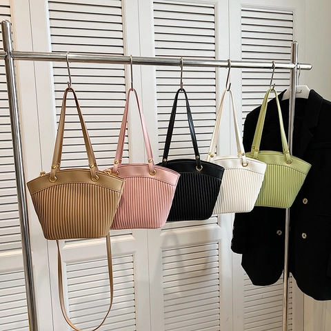 Pleated Tote Bag Women PU Leather Large Capacity Shoulder Crossbody Bucket Purse Elegant Casual Versatile Solid Color