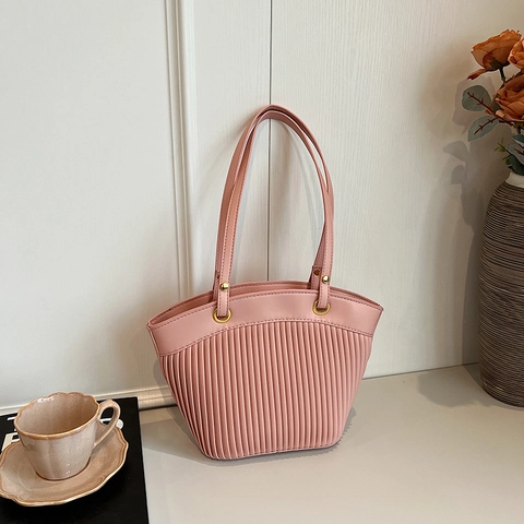 Pleated Tote Bag Women PU Leather Large Capacity Shoulder Crossbody Bucket Purse Elegant Casual Versatile Solid Color
