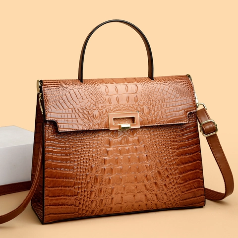 Women Vintage Crocodile Pattern PU Leather Handbag With Gold Metal Lock Top Handle Shoulder Crossbody Bag Retro Elegant Style