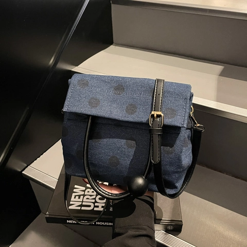 Damen Polka Dot Denim Canvas Umhängetasche Kreisförmiger Griff Kugel Dekor Retro Koreanischer Stil Lässige Handtasche Riemen