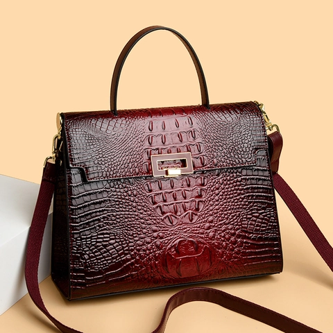 Women Vintage Crocodile Pattern PU Leather Handbag With Gold Metal Lock Top Handle Shoulder Crossbody Bag Retro Elegant Style