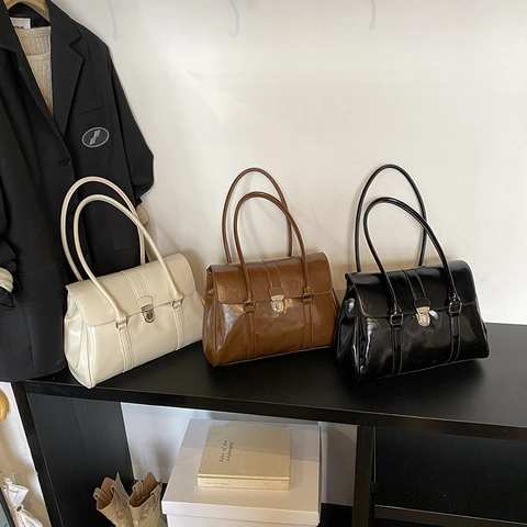 Vintage PU Lederen Tote Tas Voor Dames Grote Capaciteit Flap Sluiting Schouder Handtas Retro Woon-Werkverkeer Kantoorstijl Glanzende Tas