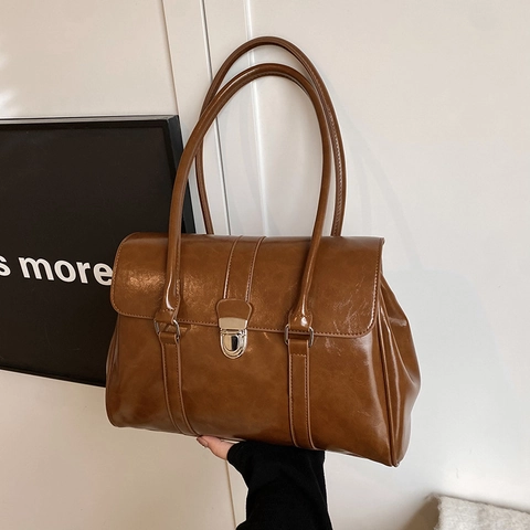 Vintage PU Lederen Tote Tas Voor Dames Grote Capaciteit Flap Sluiting Schouder Handtas Retro Woon-Werkverkeer Kantoorstijl Glanzende Tas