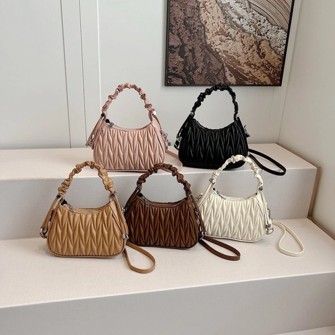 Gefaltete Handtasche PU Leder Matelassé Schulter Umhängetasche Gerüschter Griff Chic Für Damen