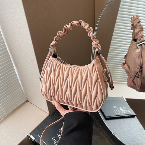 Gefaltete Handtasche PU Leder Matelassé Schulter Umhängetasche Gerüschter Griff Chic Für Damen