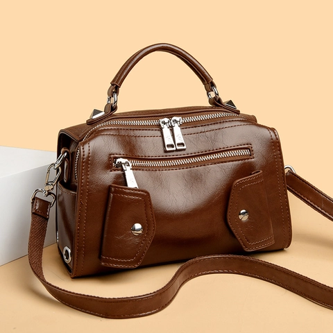 Vintage PU Leather Crossbody Bag For Women With Multi Zipper Pockets Rivet Decor Top Handle And Adjustable Shoulder Strap
