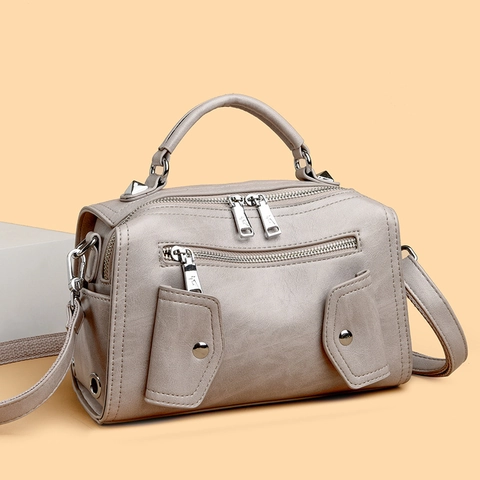 Vintage PU Leather Crossbody Bag For Women With Multi Zipper Pockets Rivet Decor Top Handle And Adjustable Shoulder Strap