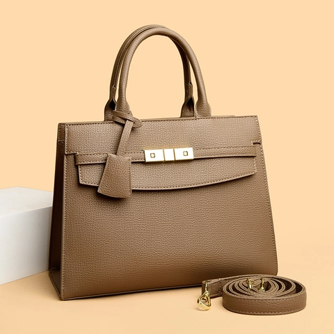 Borsa A Mano Donna Elegante In Pelle PU Grana Litchi Chiusura Dorata Manico Borsa A Tracolla Moda