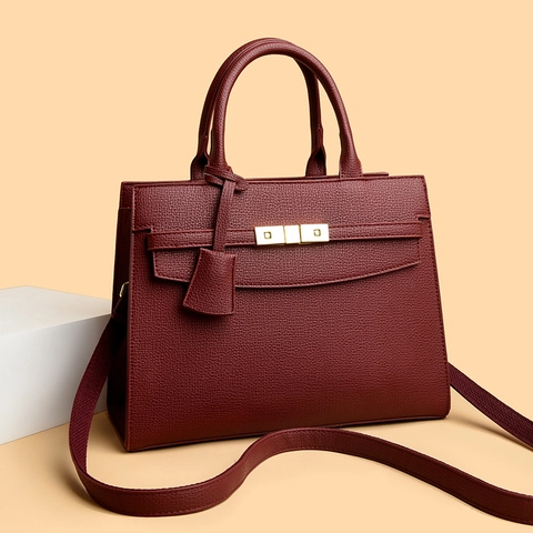 Borsa A Mano Donna Elegante In Pelle PU Grana Litchi Chiusura Dorata Manico Borsa A Tracolla Moda