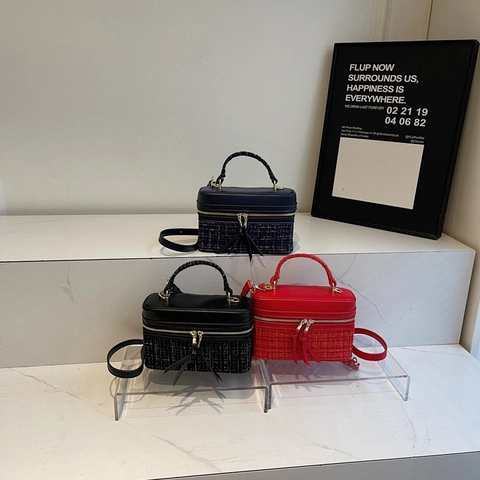 Borsa A Mano Box Patchwork In Tweed E Pelle PU Tracolla Rimovibile Hardware Dorato Nappa Retrò Accessorio Per Donna
