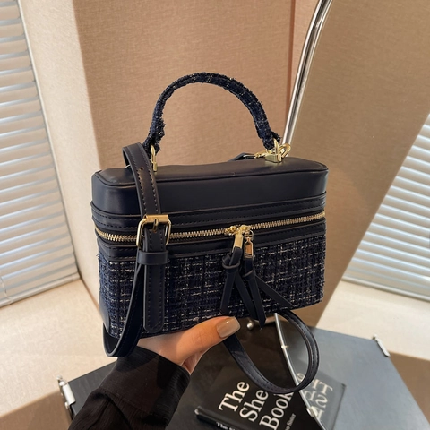 Borsa A Mano Box Patchwork In Tweed E Pelle PU Tracolla Rimovibile Hardware Dorato Nappa Retrò Accessorio Per Donna